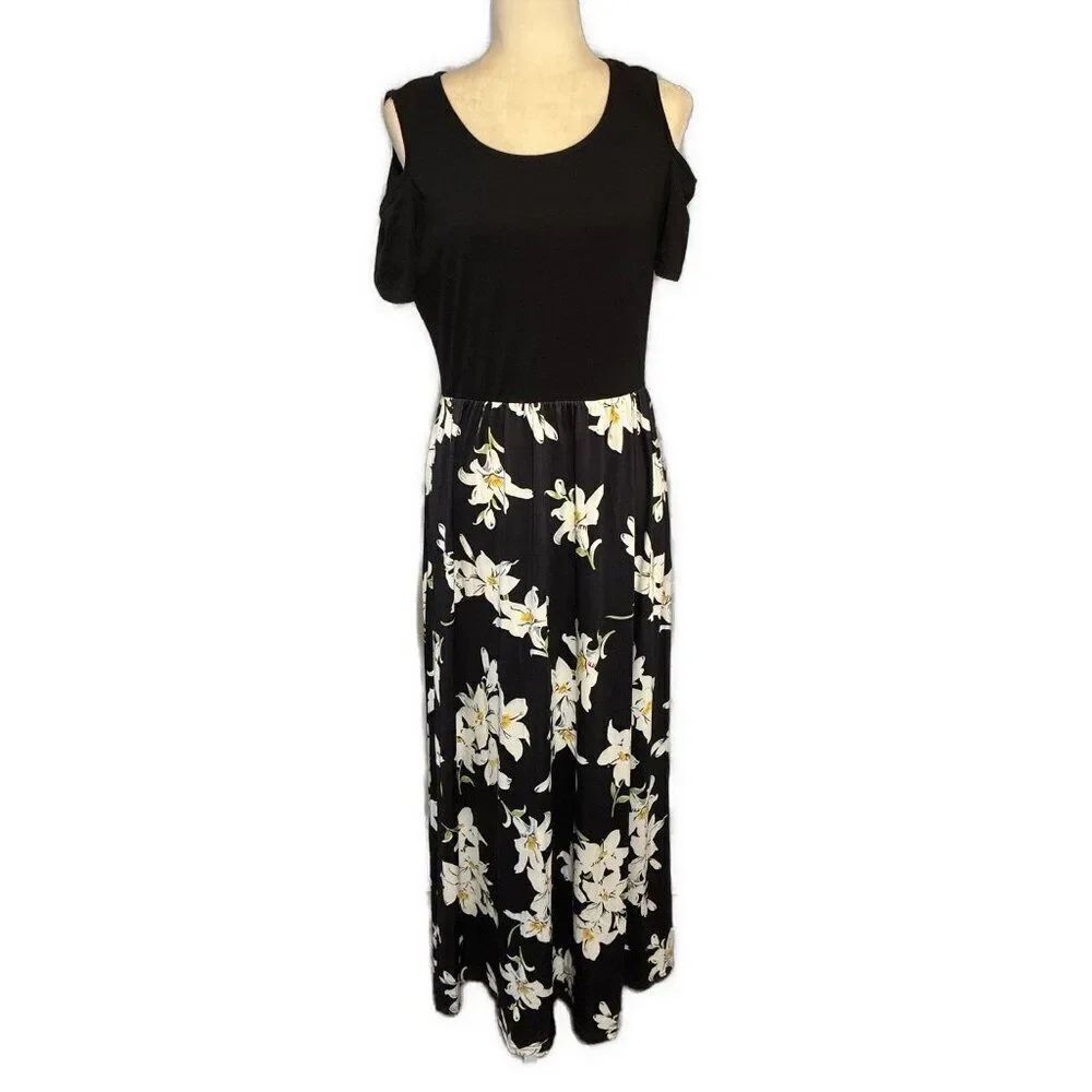 Womens Black White Floral Short Sleeve Cold Shoulder Long Maxi Dress Large